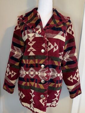 Vintage Southwestern Aztec Tapestry Hooded Jacket Coat Concho Buttons Boho M